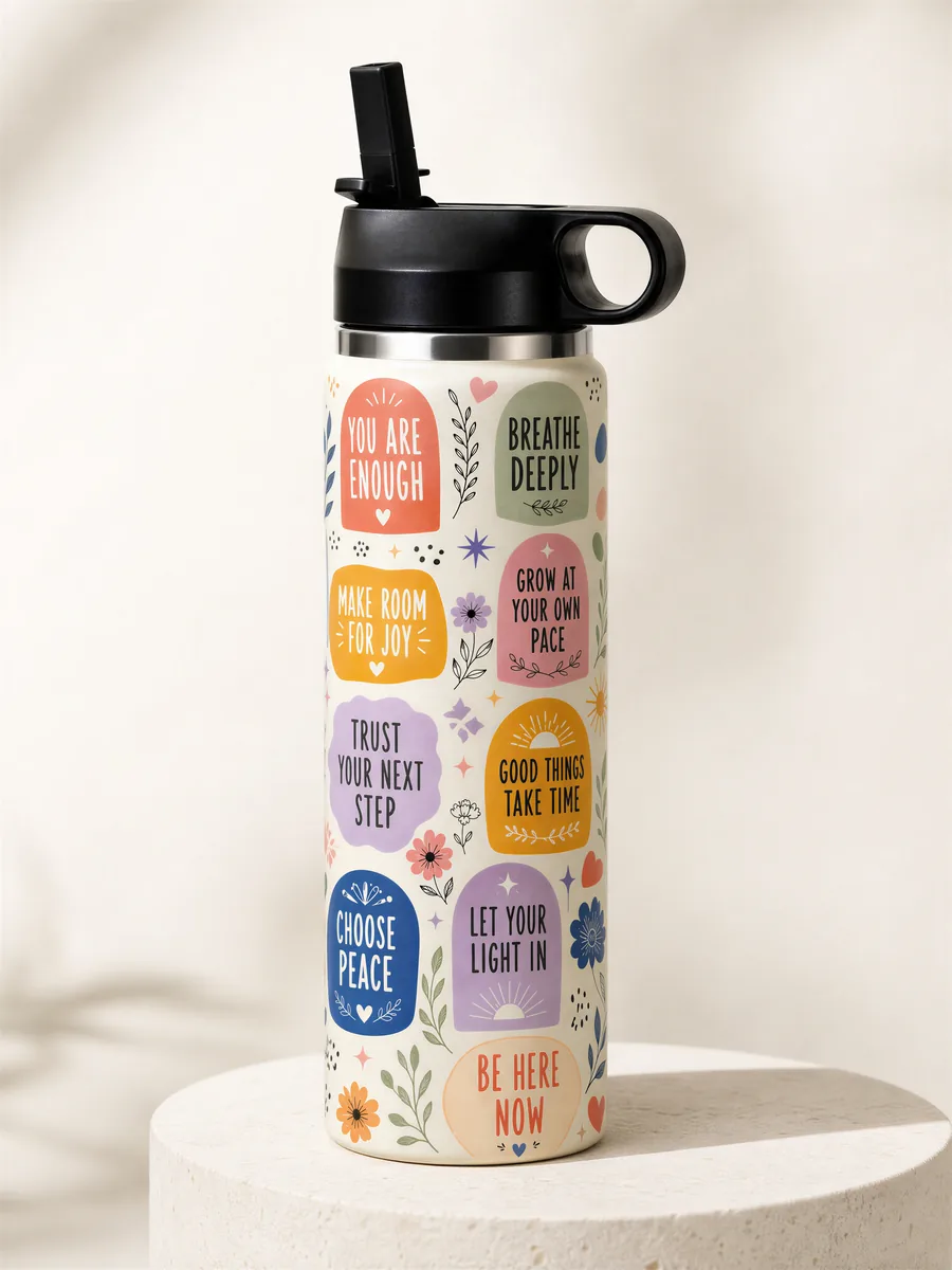 Daily Affirmations wrap on a BottleBunny bottle — studio photo 1