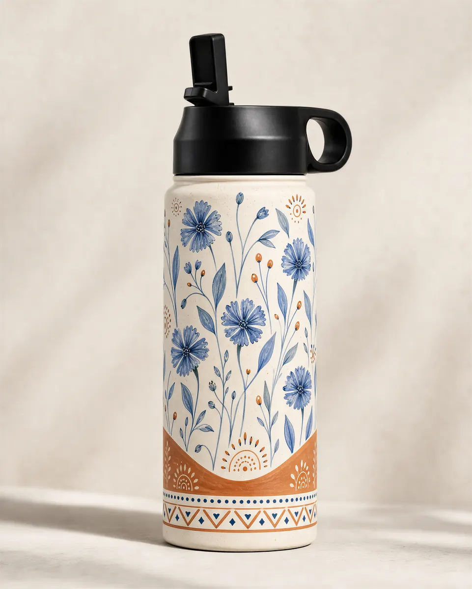 Botanical Folk wrap on a BottleBunny bottle — studio photo 1