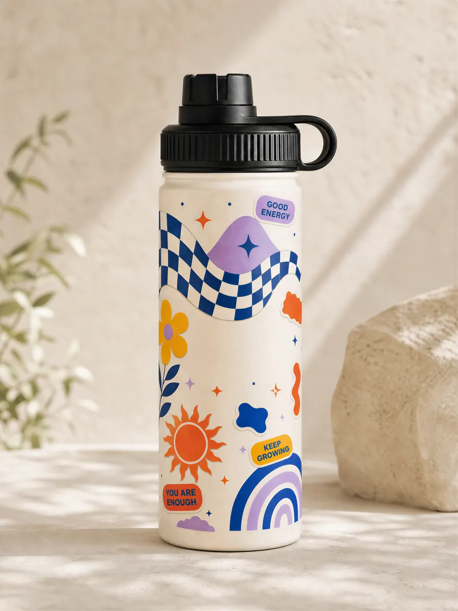 Retro Good Energy wrap on a BottleBunny bottle — studio photo 1