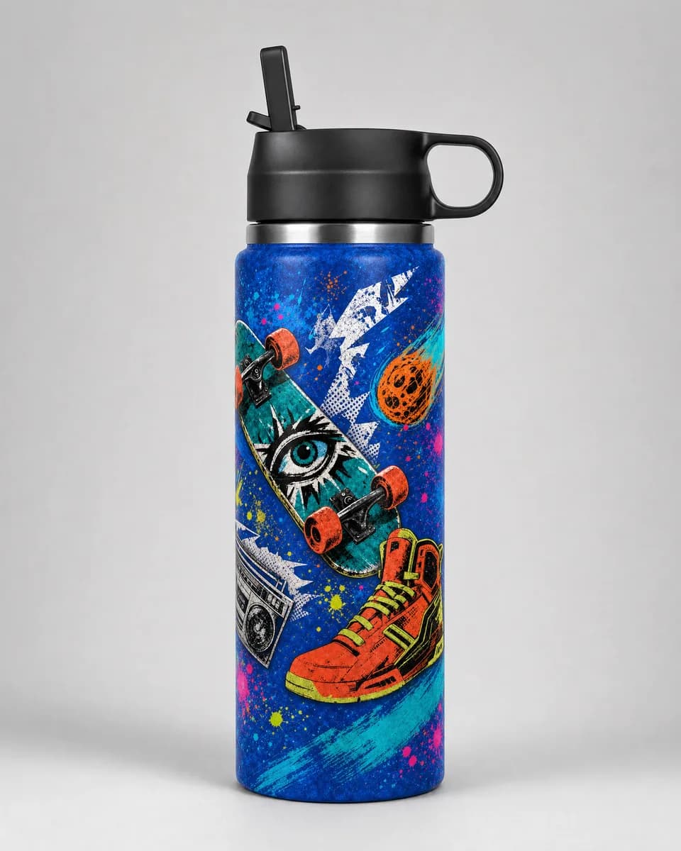 Skate Cosmos wrap on a personalized bottle
