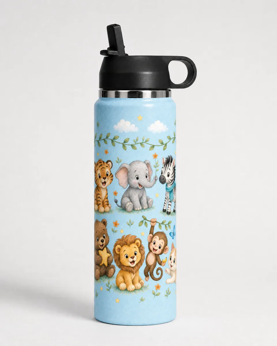 Personalized bottle with a safari babies wrap and printed name