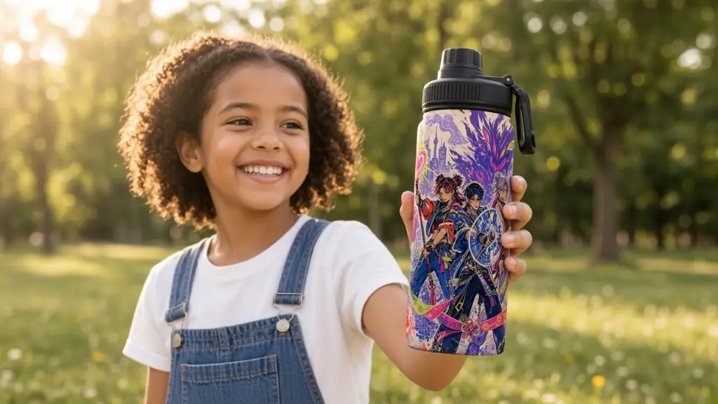 Girl holding a BottleBunny water bottle with a custom printed wrap